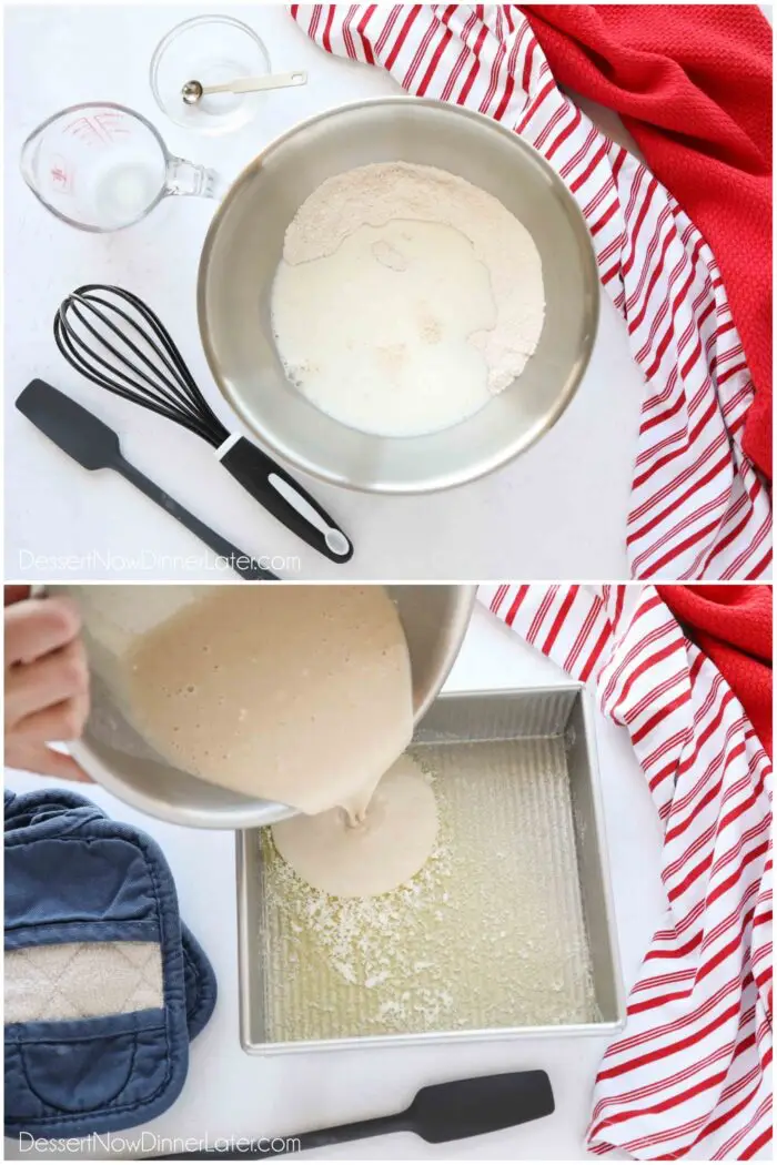 Collage image for making the cake for cobbler. Top image: Dry ingredients whisked together in a bowl with milk and extract on top. Bottom image: Cake batter being poured into a square pan with melted butter.