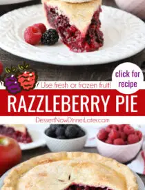 Pinterest collage image for Razzleberry Pie with two images and text in the center.