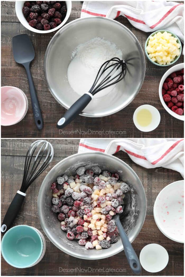Collage image. Top image: Sugar and cornstarch in a bowl with a whisk. Bottom image: Frozen raspberries, frozen blackberries, and diced apple coated with sugar and cornstarch mixture.