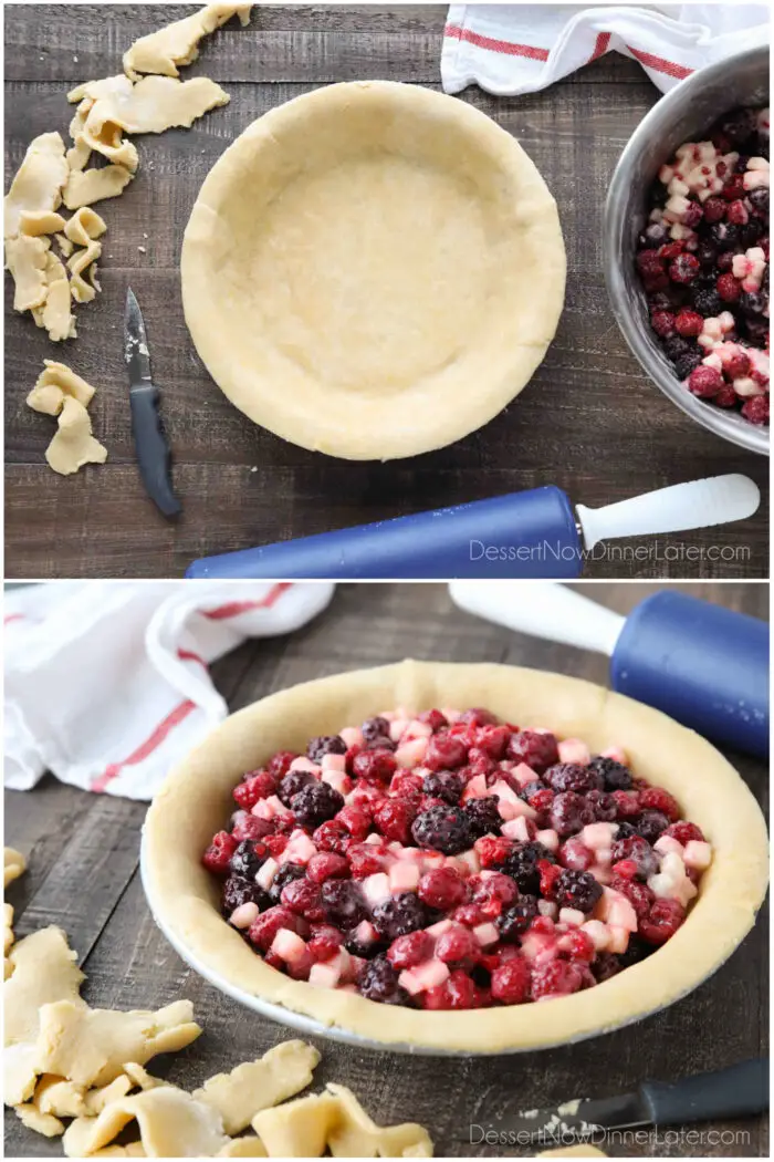 Collage image. Top image: Pie crust fitted to pie tin with the edges cut off. Bottom image: Pie crust filled with berry filling.