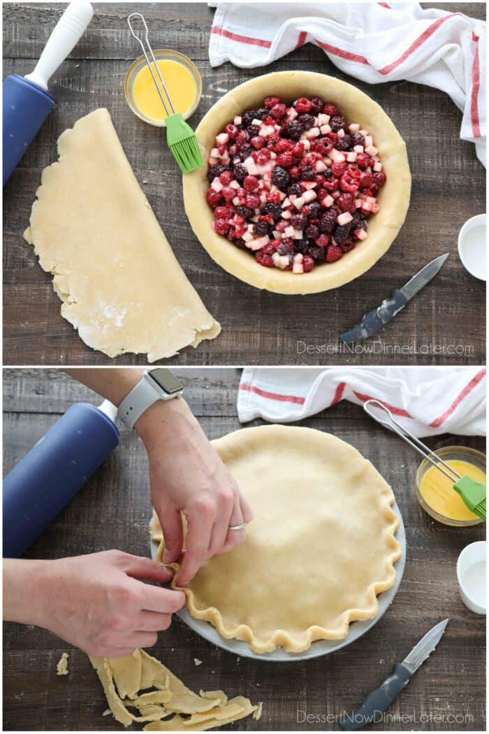 Collage image. Top image: Whisked egg brushed on the edges of the pie crust. More pie crust on surface next to pie, rolled and folded to be put on top. Bottom image: Top crust assembled, and edges being crimped together with two hands.