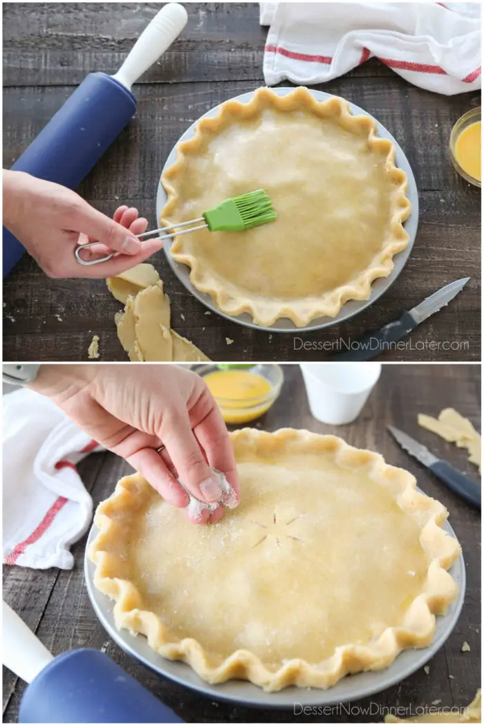 Collage image. Top image: Pie crust being brushed with a whisked egg. Bottom image: Pie crust pierced with a knife and being sprinkled with granulated sugar.