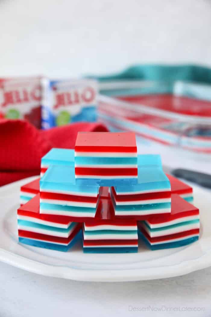 Red, white, and blue finger jello on a plate.