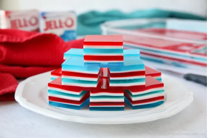 Patriotic jello with red, white, and blue layers.