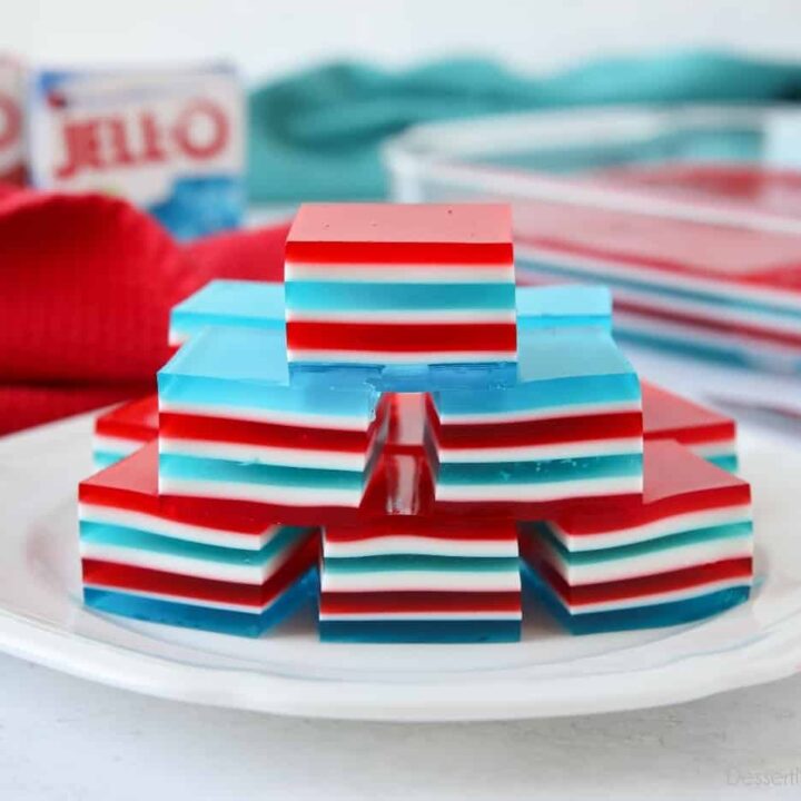 Patriotic jello with red, white, and blue layers.