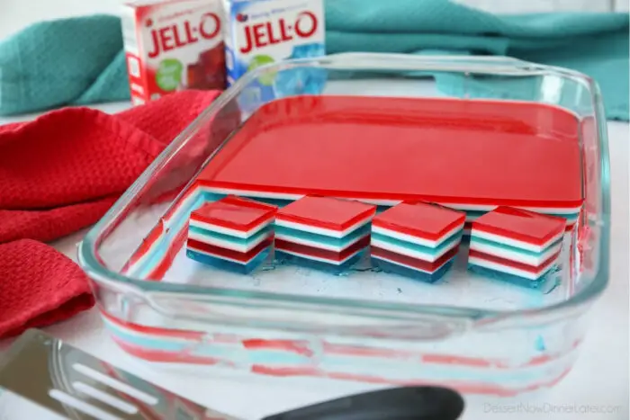 Patriotic jello with red, white, and blue colors in a 13x9 dish.