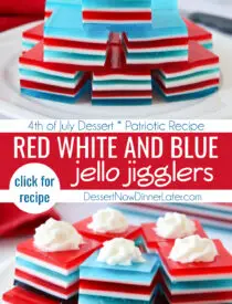 Pinterest collage image for Red White and Blue Jello with two images and text in the center.