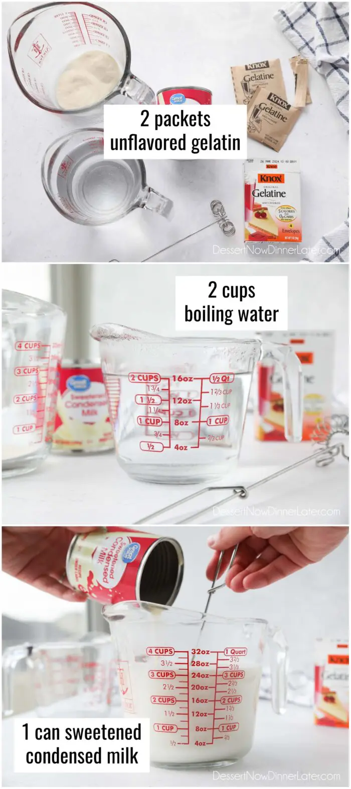 White Layer: Mix 2 packets of unflavored gelatin with 2 cups of boiling water and 1 can of sweetened condensed milk.
