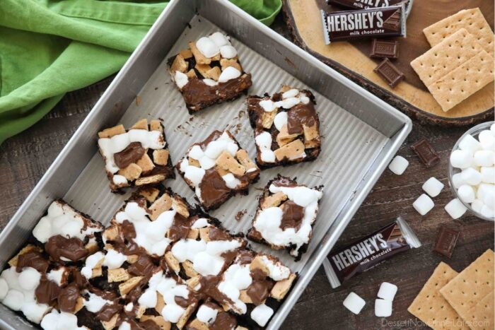 Pan of gooey smores brownies cut into squares.