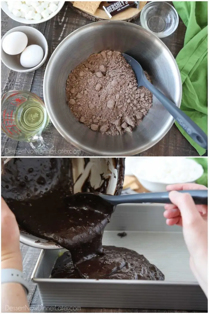 Two image collage. Top image: Dry brownie mix in a bowl with eggs, water, and oil on the side. Bottom image: Brownie batter being poured into a greased 13x9-inch pan.
