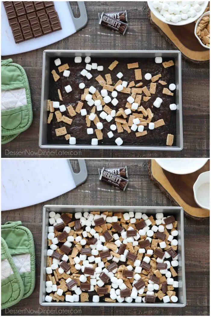 Two image collage. Top image: Baked brownies with some graham cracker pieces and mini marshmallows. Bottom image: Baked brownies completely covered with marshmallows, graham crackers, and chocolate bar pieces.