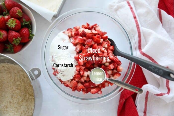 Ingredients for strawberry filling: Diced strawberries, sugar, cornstarch, and lemon juice.
