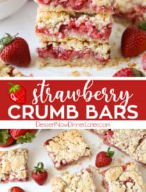 Pinterest collage image for Strawberry Crumb Bars with two images and text in the center.