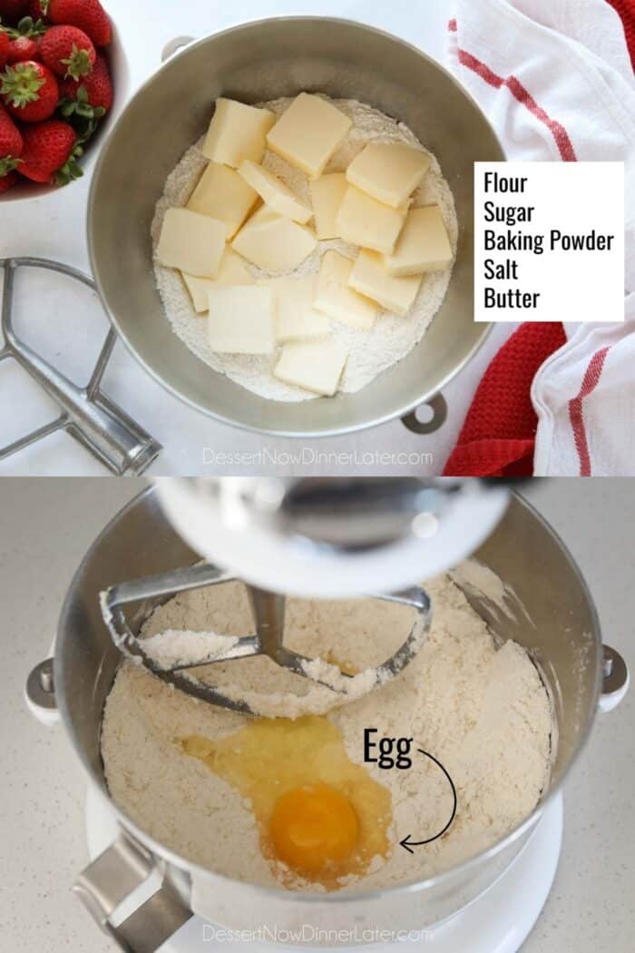 Two image collage. Ingredients for crumb crust and topping. Top image: Mixing bowl of flour, sugar, baking powder, salt, and butter. Bottom image: Crumbly flour mixture with an egg cracked into it.