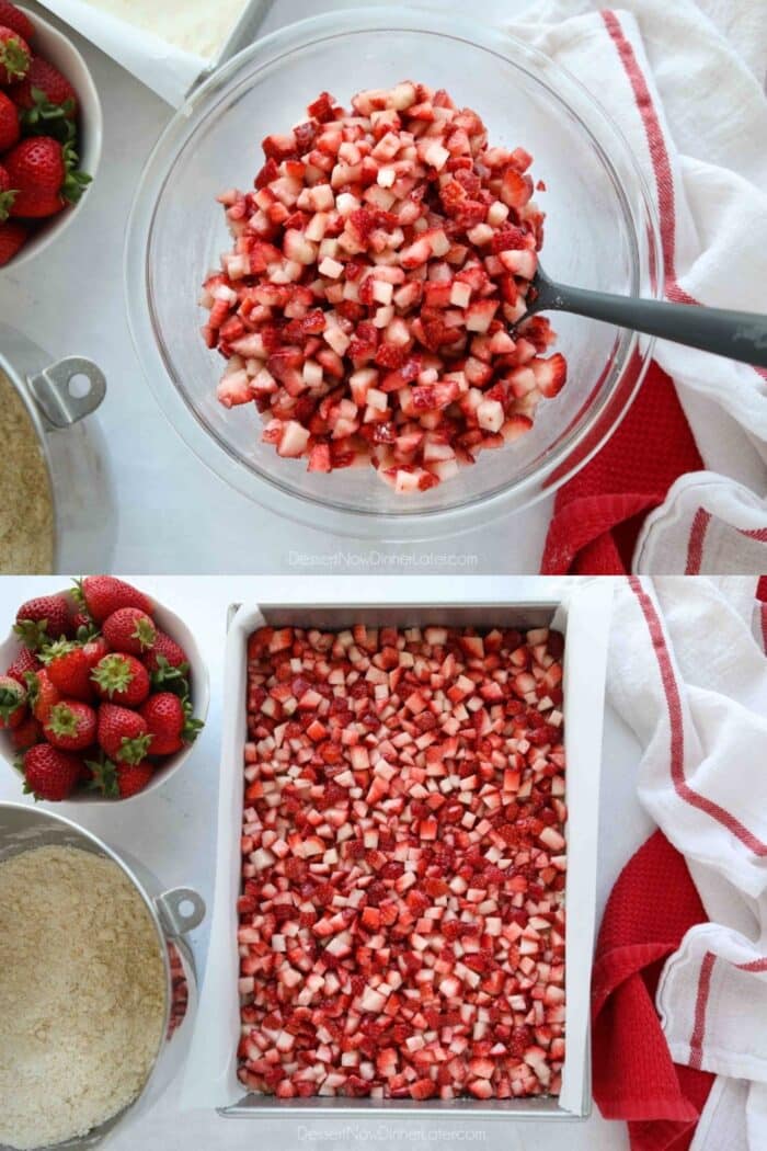 Two image collage. Top image: Diced strawberries coated in sugar, cornstarch and lemon juice. Bottom image: Prepared strawberries spread over crumb crust.
