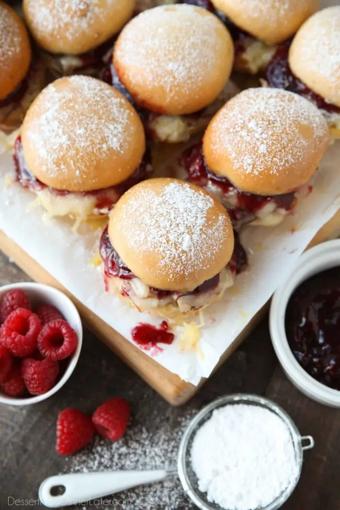 Top view of Monte Cristo Sliders with jam oozing out.