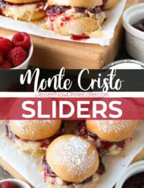 Pinterest collage image for Monte Cristo Sliders with two images and text in the center.