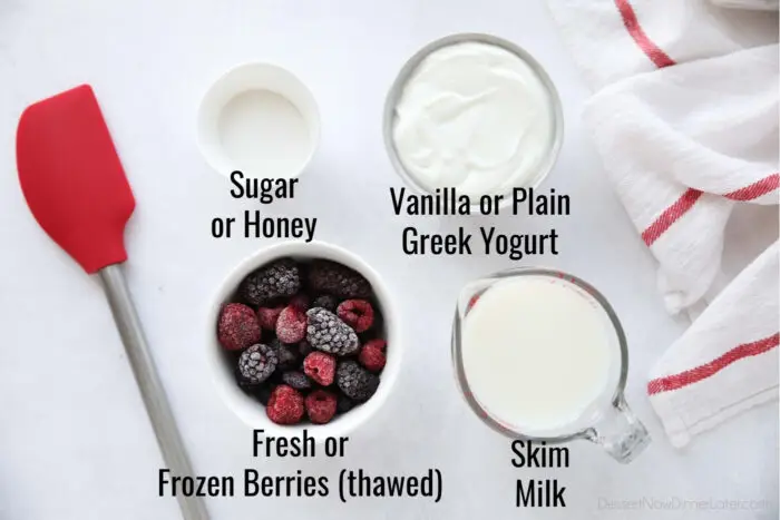 Ingredients for Berry Frozen Yogurt: Sugar, Fat-Free Vanilla Greek Yogurt, Berries, and Skim Milk.