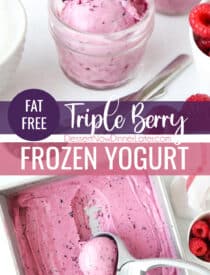 Pinterest collage image for Triple Berry Frozen Yogurt with two images and text in the center.