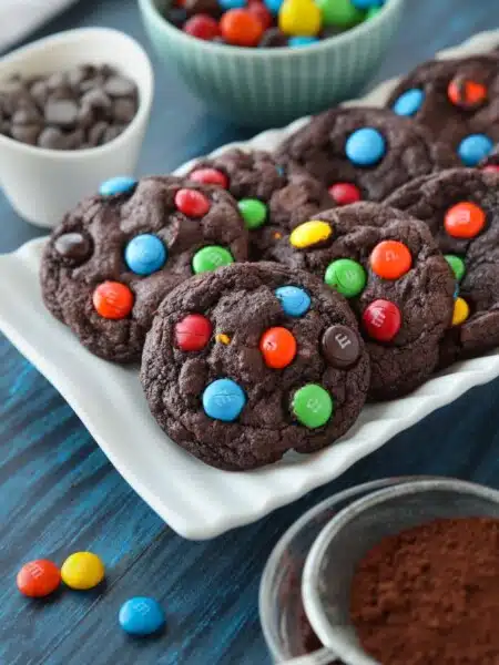 Chocolate cookies on a plate made with cocoa powder, chocolate chips and M&M's.