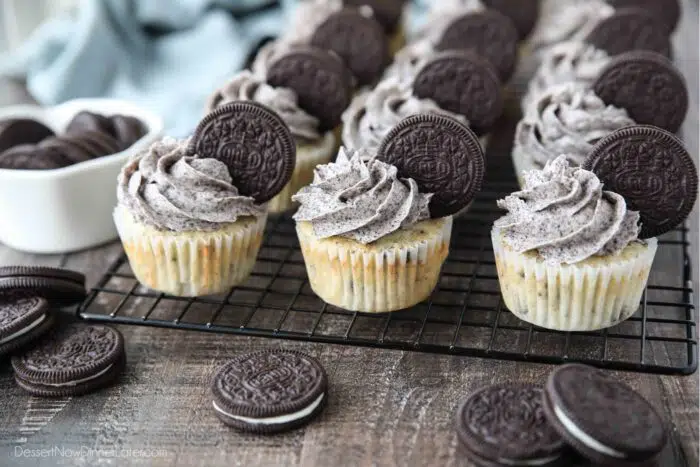 Cookies and Cream Cupcakes on a cooling rack.