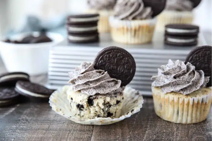 Closeup of an Oreo cupcake with the wrapper pulled down on the sides.