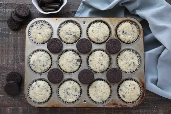 Baked Cookies and Cream Cupcakes in baking pan.
