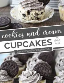 Pinterest collage image for Cookies and Cream Cupcakes with two images and text in the center.