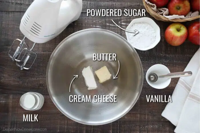 Ingredients for Cream Cheese Glaze: Cream Cheese, Butter, Powdered Sugar, Vanilla, and Milk.