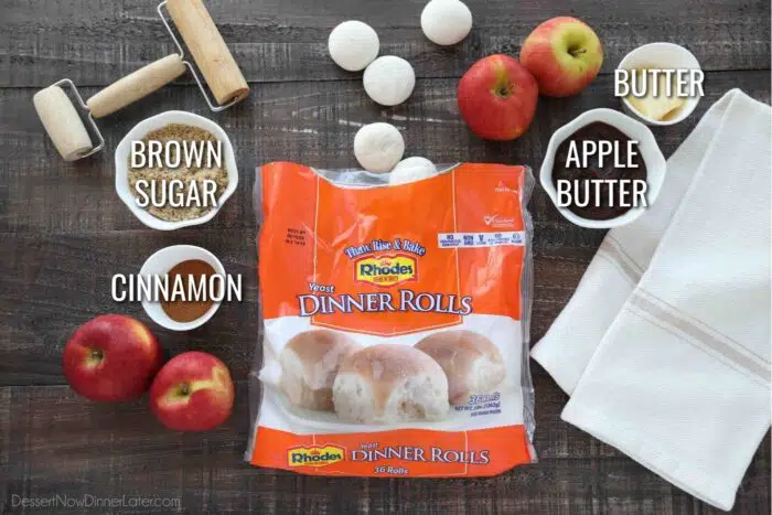 Ingredients for Apple Butter Cinnamon Rolls: Rhodes Yeast Dinner Rolls, Butter, Apple Butter, Brown Sugar, and Cinnamon.