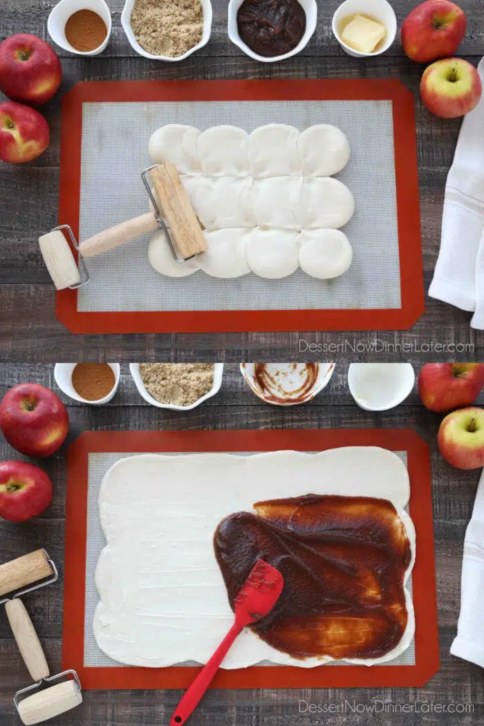 Collage image for how to make apple butter cinnamon rolls: Thaw Rhodes Rolls. Use a rolling pin to roll dough into a large rectangle. Spread a thin layer of softened butter over all but 2-inches. Repeat with apple butter on top of the butter layer.