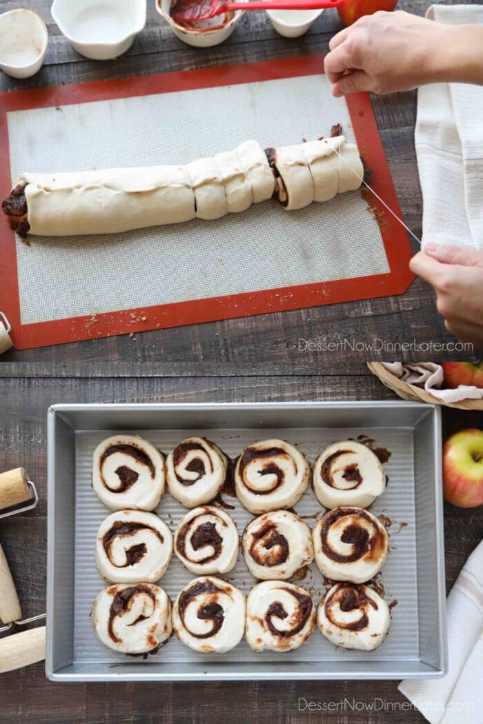 Collage image for how to make apple butter cinnamon rolls: Cut the rolls into 12 even pieces. Place in a lightly greased pan to rise until double in size.