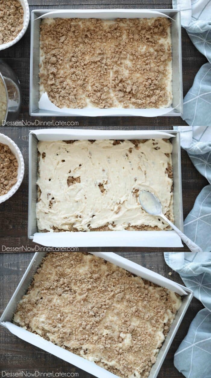 How to assemble coffee cake: Spread half of the cake batter into the bottom of a greased 9x13-inch pan. Middle: Sprinkle half the streusel over the batter. Then dollop the remaining cake batter over the crumbs and spread it evenly. Bottom: Sprinkle remaining streusel over the top of the cake batter, then it's ready to bake.