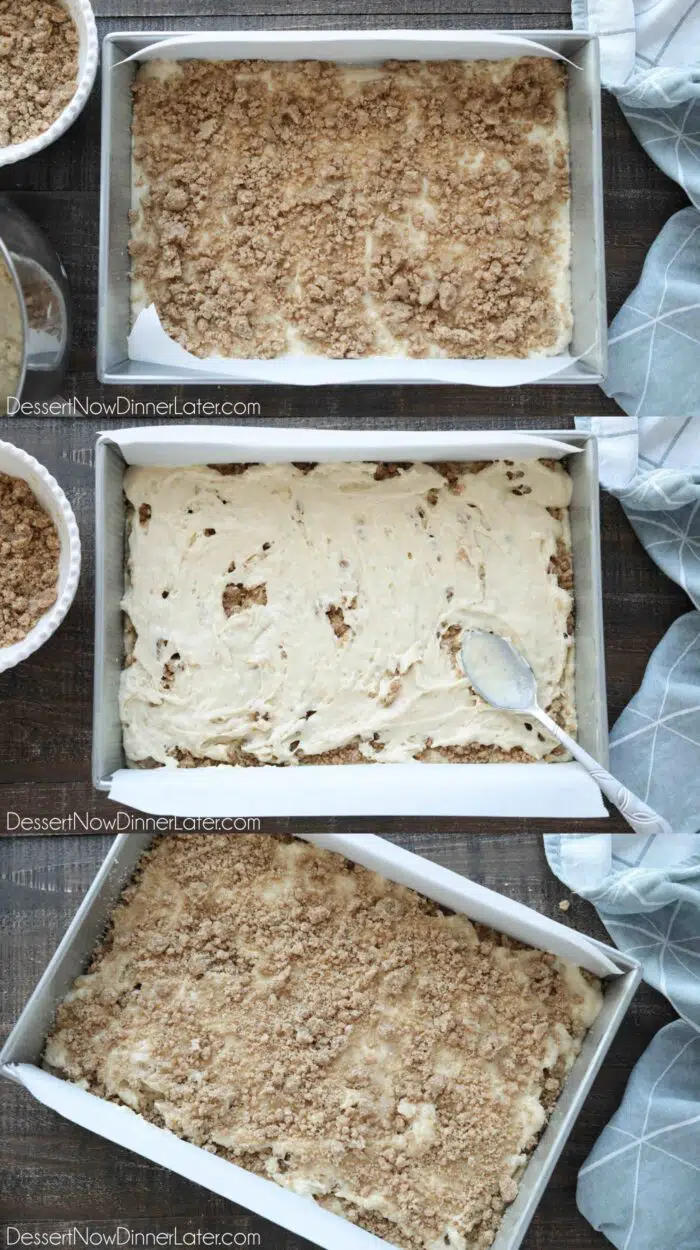 How to assemble coffee cake: Spread half of the cake batter into the bottom of a greased 9x13-inch pan. Middle: Sprinkle half the streusel over the batter. Then dollop the remaining cake batter over the crumbs and spread it evenly. Bottom: Sprinkle remaining streusel over the top of the cake batter, then it's ready to bake.