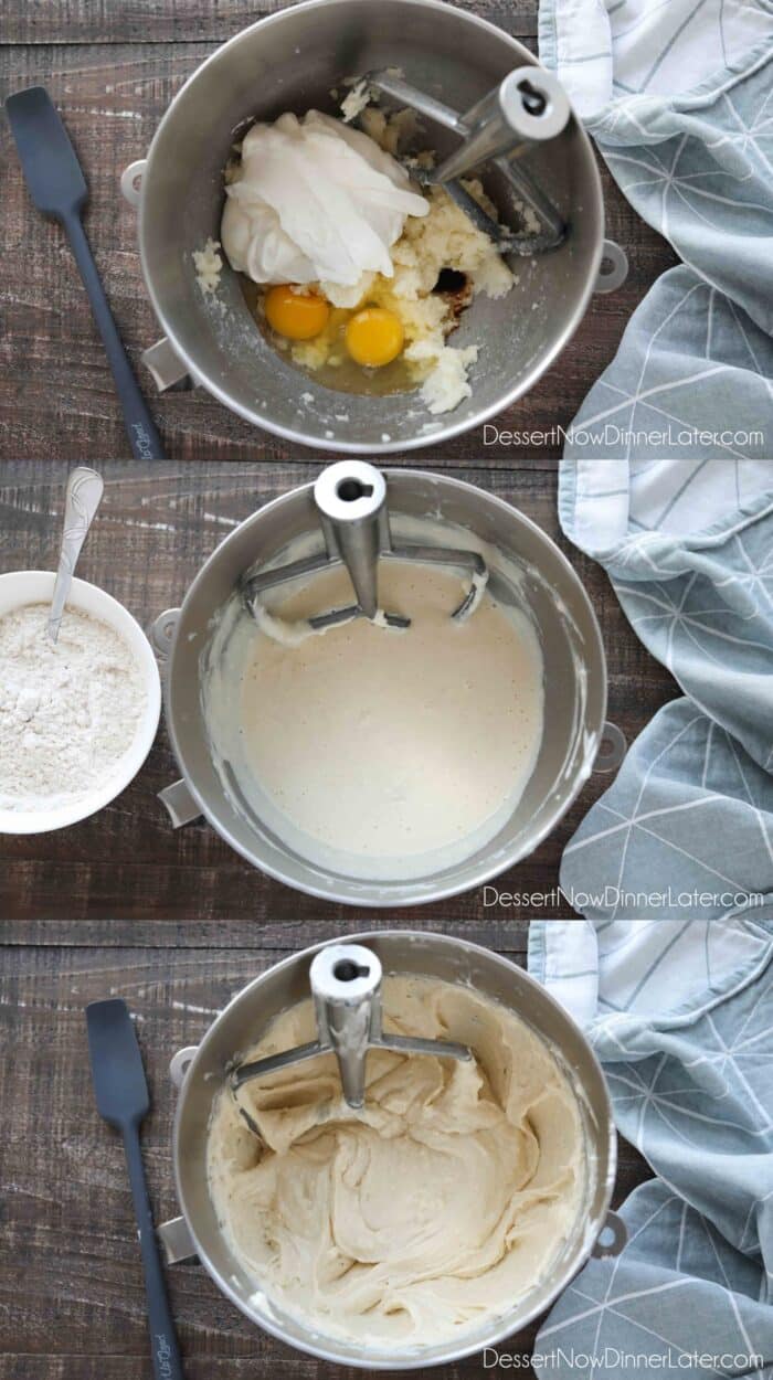 Collage image for how to make sour cream coffee cake. Top: Butter and sugar creamed together with eggs, vanilla and sour cream on top. Middle: Wet ingredients mixed completely. Bottom: Dry ingredients incorporated. Cake batter is ready.