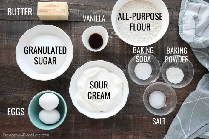 Ingredients for Sour Cream Coffee Cake: butter, granulated sugar, eggs, vanilla, sour cream, all-purpose flour, baking soda, baking powder, and salt.
