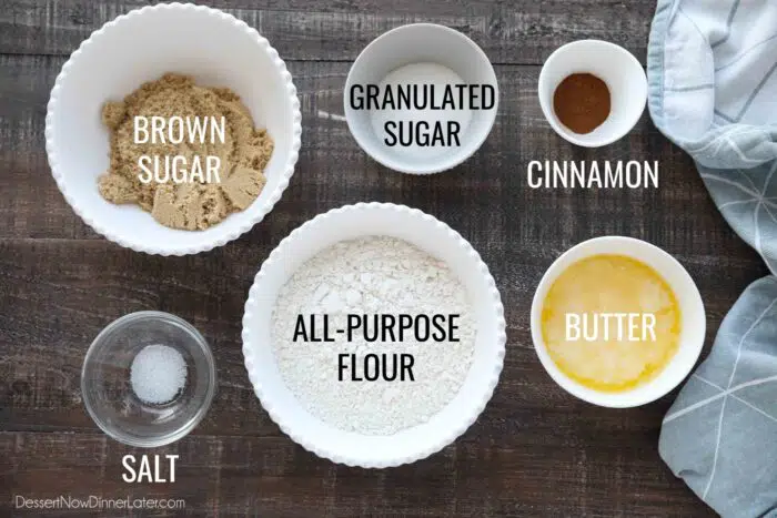 Ingredients for coffee cake streusel: brown sugar, granulated sugar, cinnamon, salt, all-purpose flour, and melted butter.