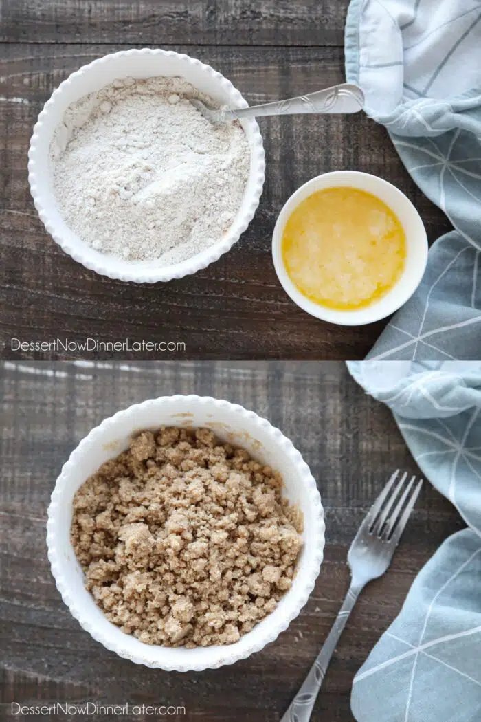 Collage image for how to make coffee cake streusel. Top: Combine brown sugar, sugar, cinnamon, salt, and flour in a bowl. Bottom: Add melted butter and mix well with a fork until crumbly.