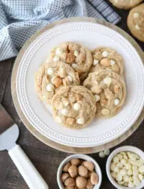 Top view of White Chocolate Macadamia Nut Cookies on a plate.