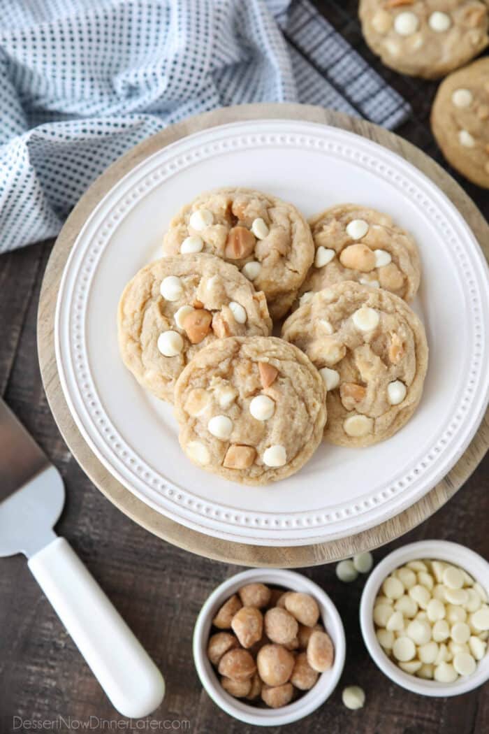 Top view of White Chocolate Macadamia Nut Cookies on a plate.