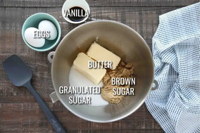 Wet Ingredients for White Chocolate Macadamia Nut Cookies: butter, brown sugar, granulated sugar, eggs, and vanilla.