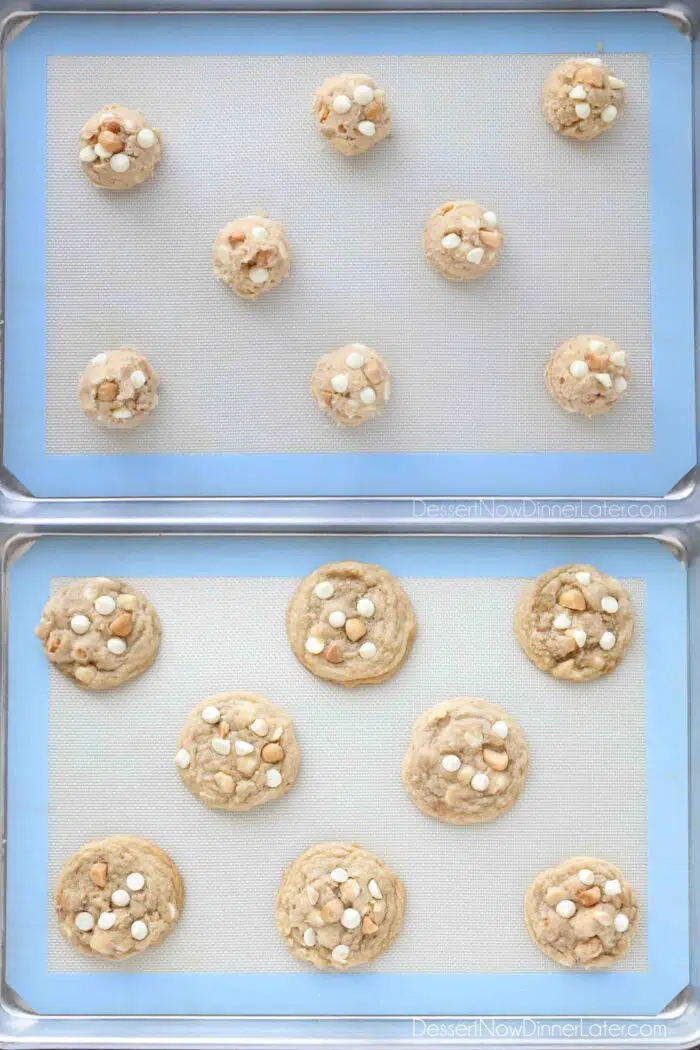 Collage Image for White Chocolate Macadamia Nut Cookies. Top: Cookie dough on tray. Bottom: Baked cookies.