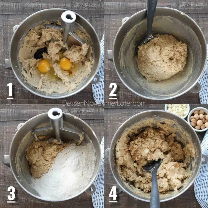 Collage Image. How to make White Chocolate Macadamia Nut Cookies. 1. Cream butter with sugars. Add eggs, and vanilla. 2. Mix thoroughly and scrape bowl. 3. Add dry ingredients to bowl. Mix until incorporated. 4. Fold in white chocolate chips and chopped macadamia nuts.