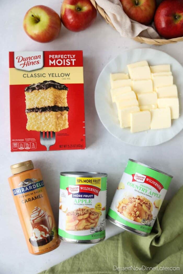 Ingredients for Caramel Apple Dump Cake: Cake Mix, Butter, Caramel Sauce, and Apple Pie Filling.