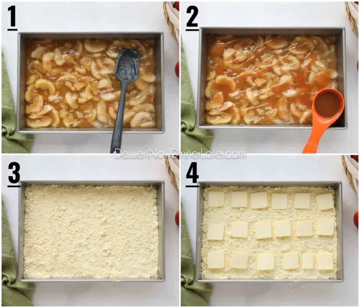 Collage image of recipe steps. 1 - Spread apple pie filling in 13x9-inch pan. 2 - Drizzle caramel over apple pie filling. 3 - Sprinkle cake mix over caramel. 4 - Place thinly sliced pats of butter over cake mix.
