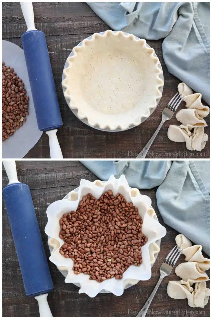 Collage. Top image: Pie crust fitted in a pie dish, with crimped edges, and fork pricks throughout the crust. Bottom image: Parchment paper inside of pie crust filled with dry beans for blind baking.