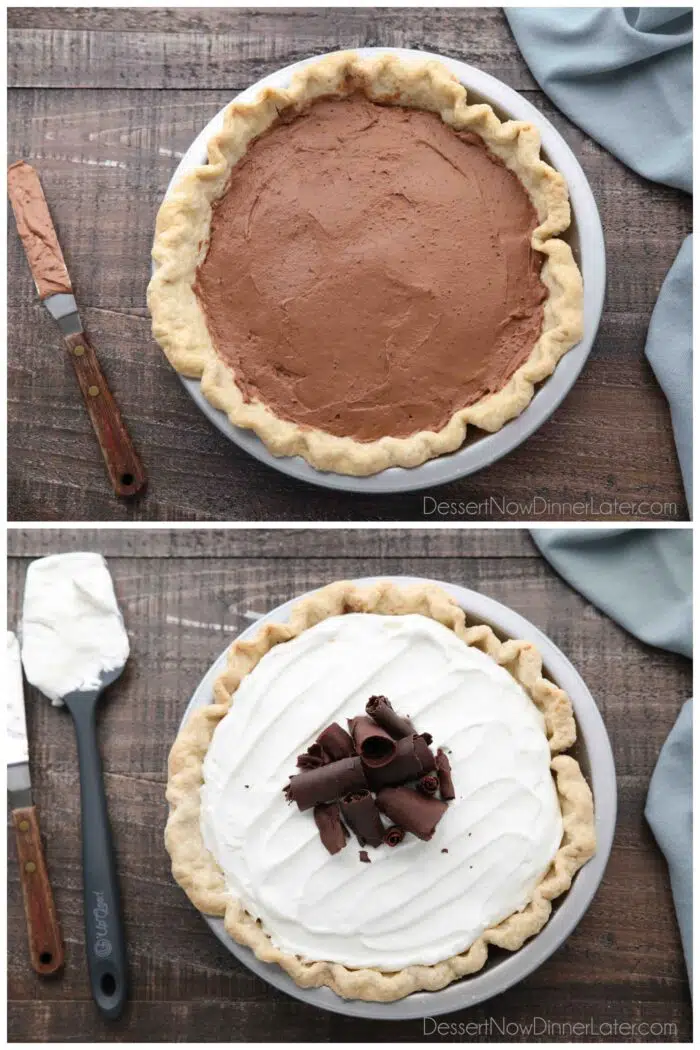 Collage. Top image: Pie crust with chocolate cream filling. Bottom: Sweetened whipped cream and chocolate shavings layered on top of the pie.