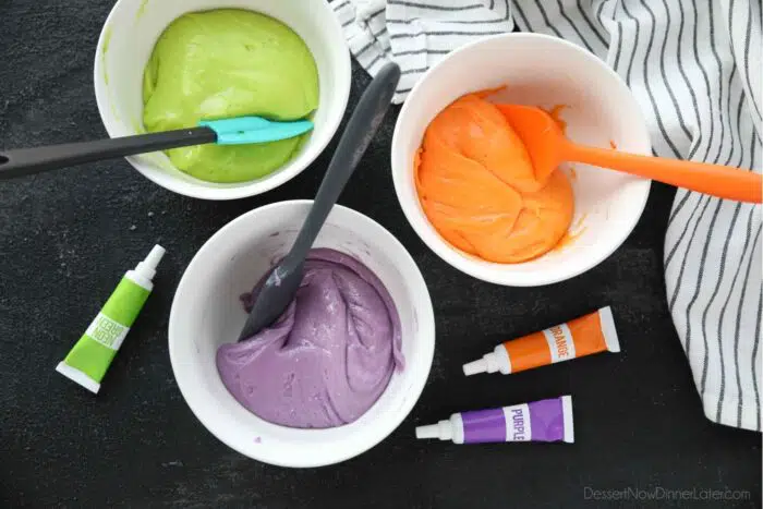 Cookie dough colored neon green, purple, and orange.