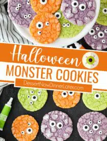 Pinterest collage image for Halloween Monster Cookies with two images and text in the center.