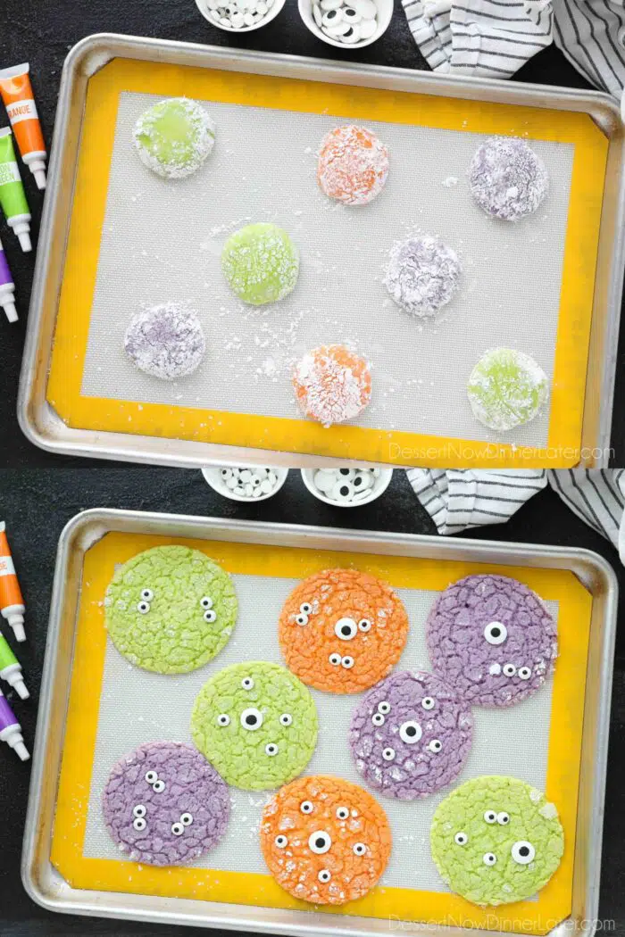 Collage image. Neon green, purple, and orange cookie dough coated in powdered sugar on a baking sheet. Then baked cookies that have been topped with candy eyeballs.